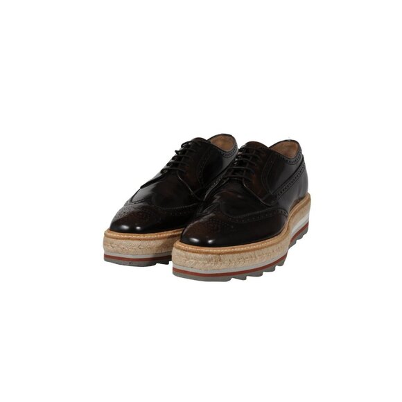 Prada Men Platform Brogue US 9 UK 8 Brown Leather Wingtip Espadrille Medallion - Picture 3 of 11